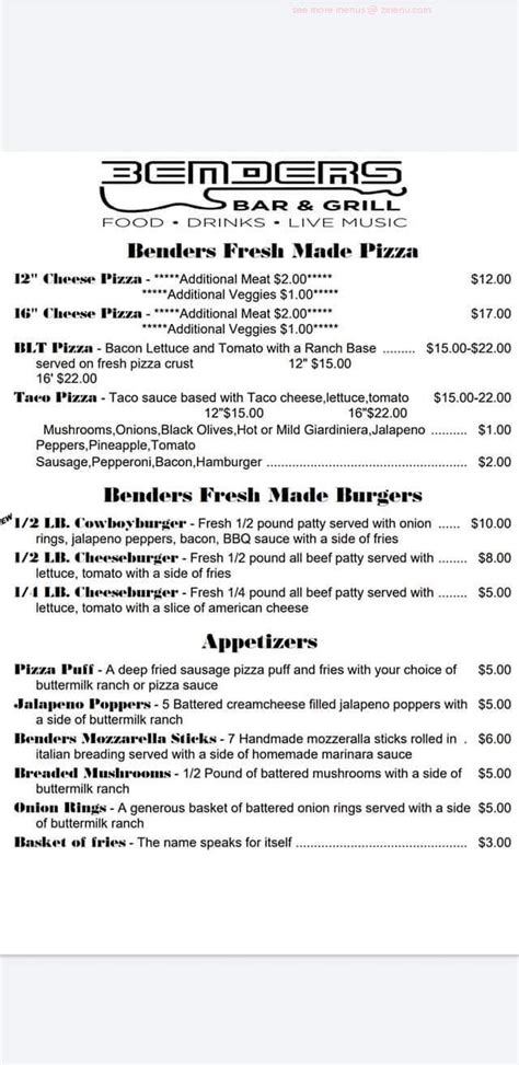 Menu At Benders Bar And Grill Silver Lake