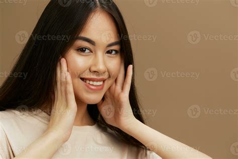 Brunette T Shirt Posing Modern Styles Cosmetics Beige Background Stock Photo At Vecteezy