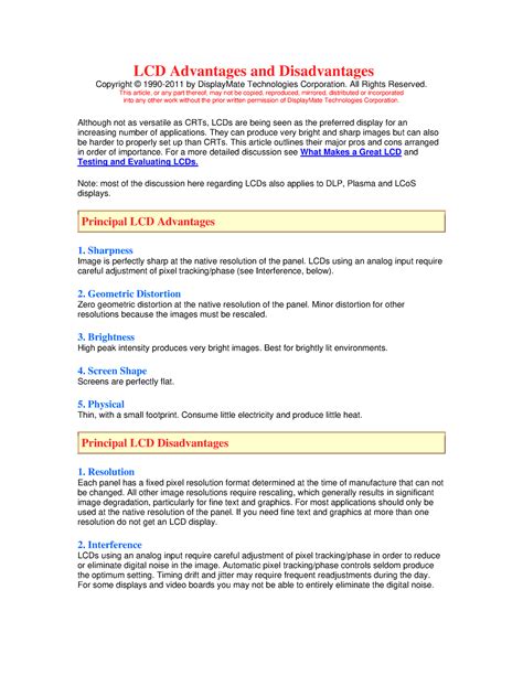 Lcd Advantages And Disadvantages Lcd Advantages And Disadvantages Copyright © 1990 2011 By