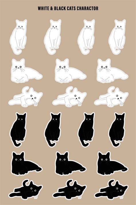 Set Of Black And White Cute Cat Character Design Stickers 11335674