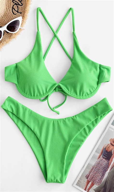 2019 Ribbed Criss Cross Underwire Bikini Swimsuit Bikinis Underwire