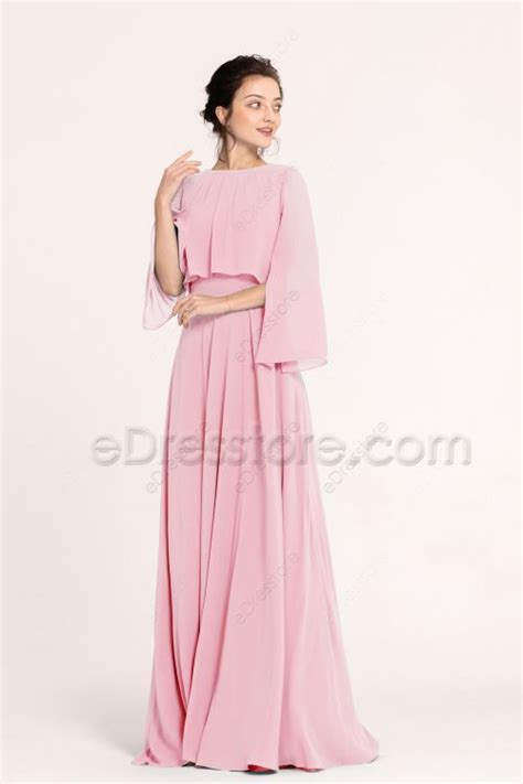 Modest Pale Pink Bridesmaid Dresses Long Sleeves | eDresstore