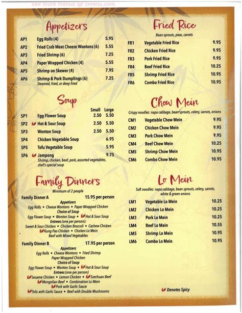 Menu at Lucky Bamboo restaurant, Alamosa