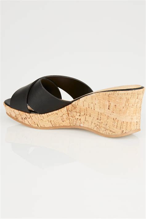 Black Crossover Cork Wedge Sandals In Eee Fit