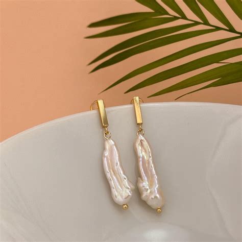 Minimalist Baroque Pearl Earrings K Gold Plated Earrings With A Long