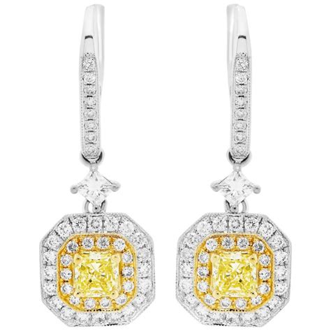 Fancy Yellow Diamond Double Halo Two Color Gold Drop Dangle Fashion