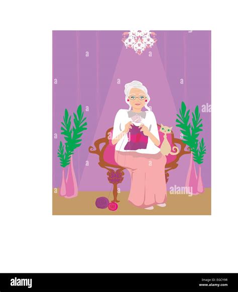 Old Woman Sitting Knitting Grandmother Stock Vector Images Alamy