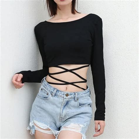 Women Long Sleeve Bandage T Shirt Crisscross Back Sexy Crop Tops Slim