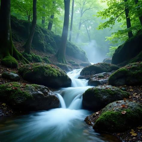 Misty Forest Steaming Hot Springs Cascade Down Rocks Landscape