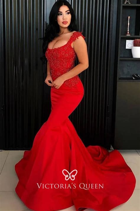 Red Beaded Satin Body Hugging Mermaid Long Prom Dress Vq