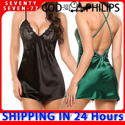Women Sexy Silk Satin Pajamas Mini Night Dress V Neck Sexy Lingerie Sleepwear Dress Plus