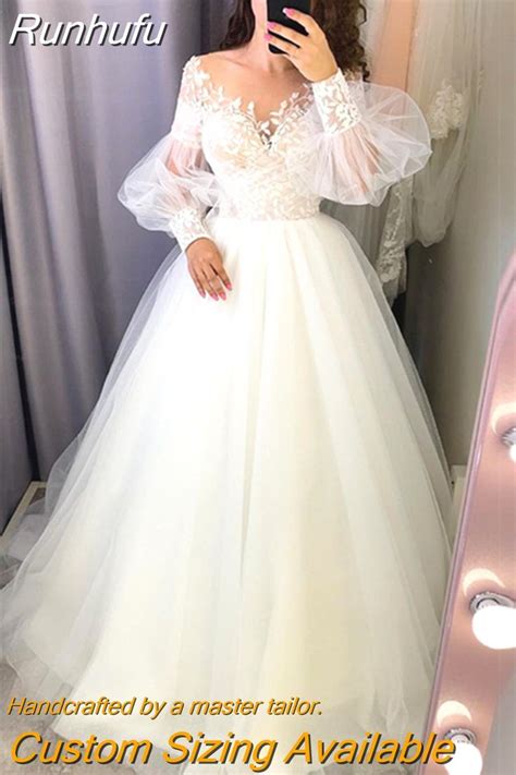 Runhufu Beach Wedding Dress A Line Long Puff Sleeve Sheer Illusion Back