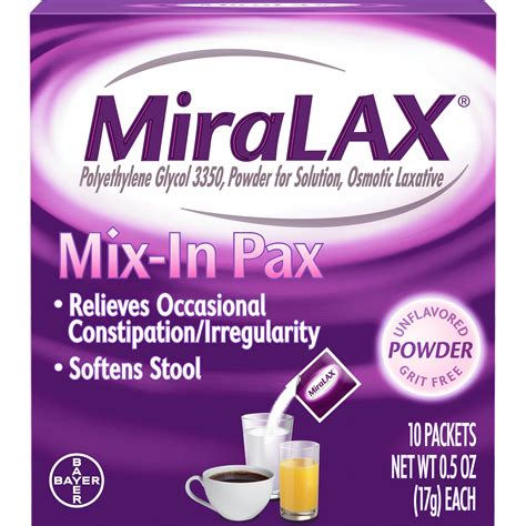 Miralax Mix In Polyethylene Glycol 3350 Powder Laxative 10 Single