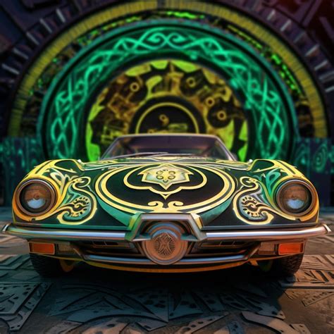 Premium Ai Image Brightly Colored Car With Ornate Design In Front Of