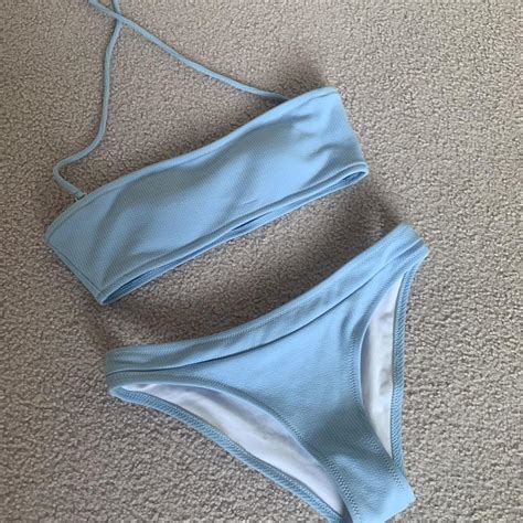 Zaful Blue Ribbed Bikini Padded Cups Tie Depop