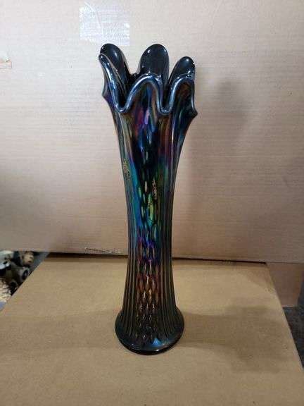 Fenton Ribbed Diamond Point Swung Stretch Vase Iridescent Carnival Glass Baer Auctioneers