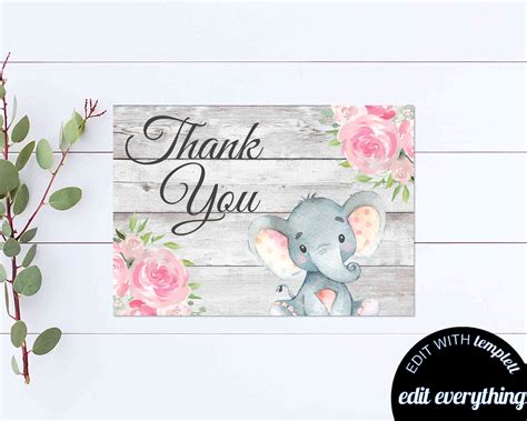 Elephant Thank You Card Thank You Template Printable Pink Etsy