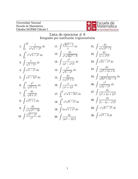 Lista 8 Integrales por sustitución trigonométrica Universidad