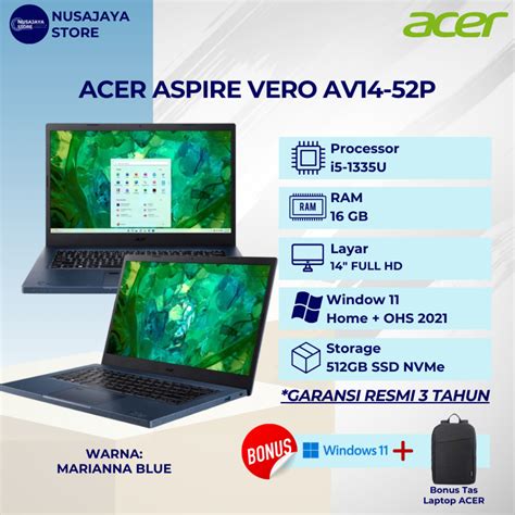 Jual ACER Aspire Vero AV14 52P I5 1335U 16GB 512GB 14 FHD Iris XE W11