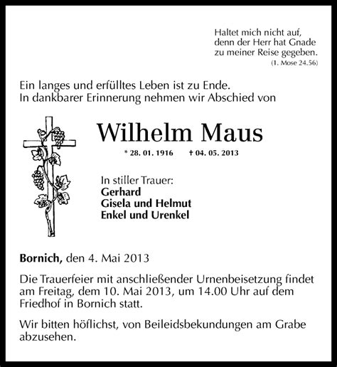 Traueranzeigen Von Wilhelm Maus Rz Trauer De