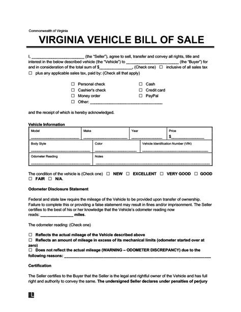 Free Virginia Bill Of Sale Forms Pdf And Word