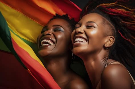 Una Hermosa Y Feliz Pareja De Lesbianas Gay Con La Bandera De Colores Del Arco Iris Mes Del