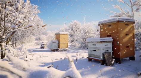 Premium Ai Image The Bee Hives Covered In Pristine White Snow Nestled