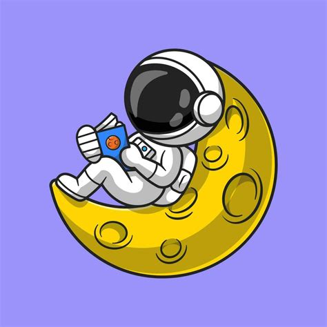 Cute Astronaut Reading Book On Moon Cartoon Vector Icon Illustration