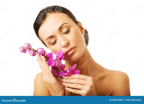 Naked Woman With Purple Orchid And Closed Eyes Stock Photo Image Of Face Lips 48670288