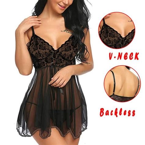 Femmes Sexy Dentelle Noir Lingerie String Ensemble Vêtements De Nuit Chemise De Nuit Dos Nu