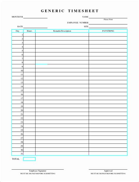 A Printable Generic Timesheet Is Shown In The Form Of A Blank Sheet