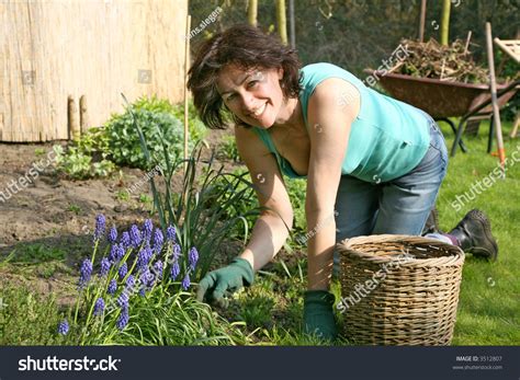 Mature Smiling Female Gardener Woman Working Stock Photo