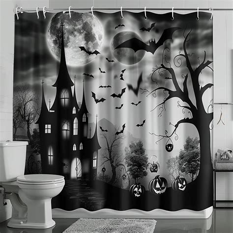 Spooky Halloween Bathroom Shower Curtain With Pumpkins Haunted House