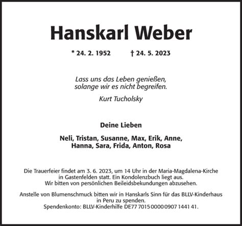 Traueranzeigen Von Hanskarl Weber Trauer Flz De