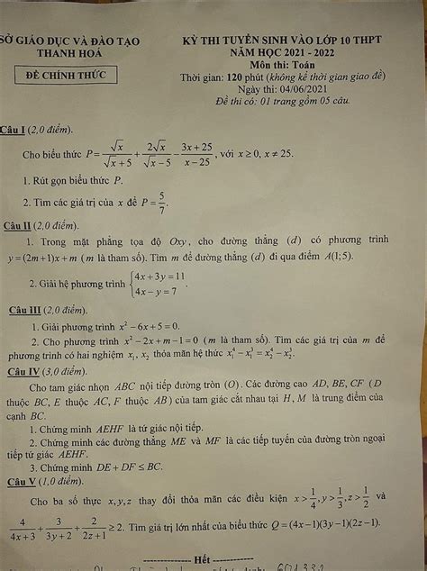 Đáp án đề Thi Vào 10 Môn Toán Tỉnh Thanh Hóa Năm Học 2021 Môn Toán