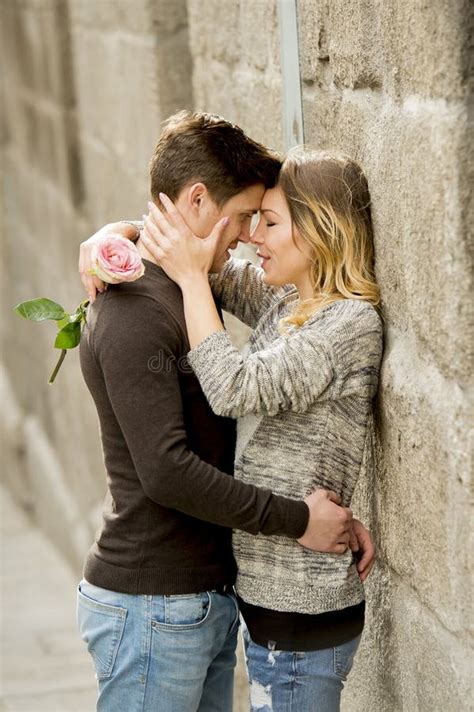 Beautiful Couple In Love Kissing On Street Alley Celebrating Valentines