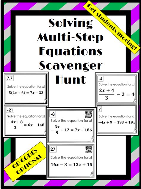 Multi Step Equation Scavenger Hunt QR Codes Optional Algebra 1