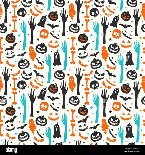 Halloween Colorful Seamless Flat Pattern With Pumpkins Flying Bats