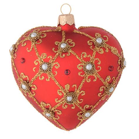 Heart Shaped Bauble In Red Blown Glass With Pearls And Gold Decorations