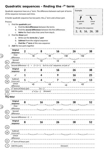 Finding Nth Term Of Quadratic Sequences Teaching Resources