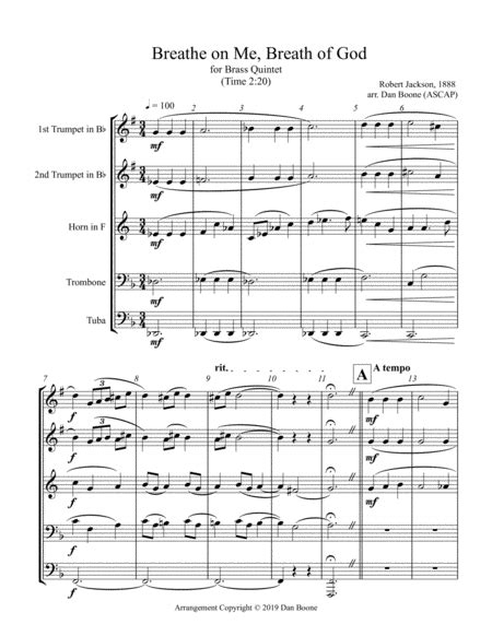 Breathe On Me Breath Of God For Brass Quintet Arr Dan Boone Ascap