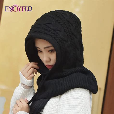 Enjoyfur Women Winter Knitted Hood Hats Warm Autumn Wool Scarf Caps