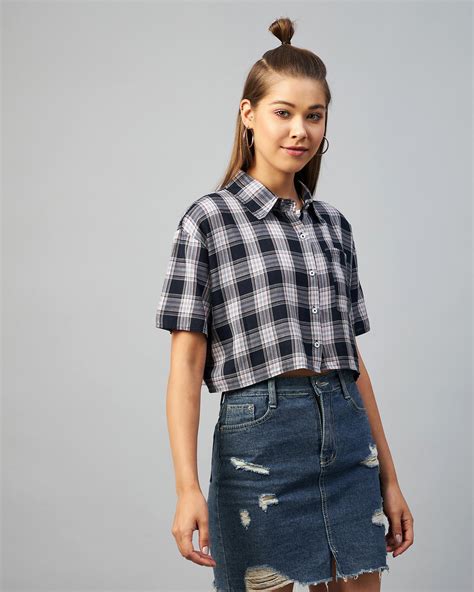 Buy Womens Navy Blue And Pink Checked Boxy Fit Crop Shirt Online At Bewakoof