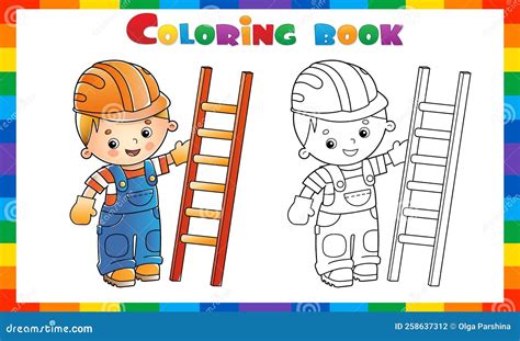 Coloring Page Outline Of Cartoon Builder Or Worker With Step Ladder