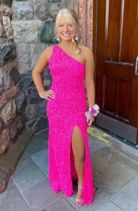 One Shoulder Hot Pink Sequined Long Prom Dress on Storenvy