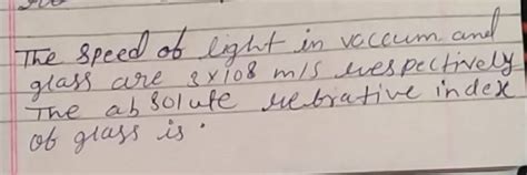 The speed of light in vacuum and glass are 3×108 m/s respectively The abs..