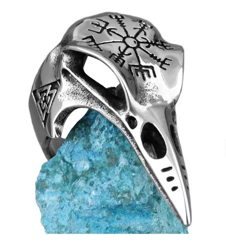 Anillo Craneo Cuervo Vikingo Vegvísir Valknut Runas Acero Meses sin