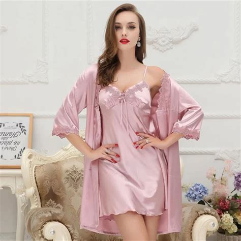 Summer Faux Silk Women Robe Gown Set Twinest Bathrobe Mini Night Dress