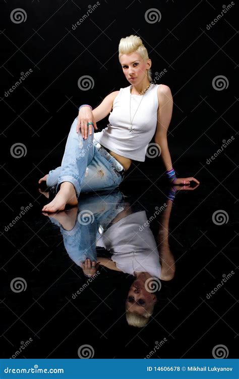 Beautiful Blonde Girl In Jeans Stock Photo Image Of Hands Black