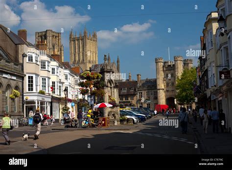 wells city centre market place with cathedral in background Stock Photo ...